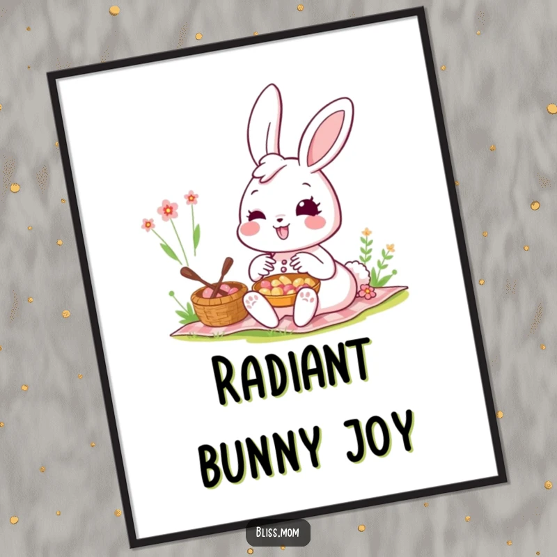Funny Kawaii Bunny Mom Digital Art: A bunny mom smiles radiantly at a picnic. High-resolution digital art capturing bunny joy and humor.