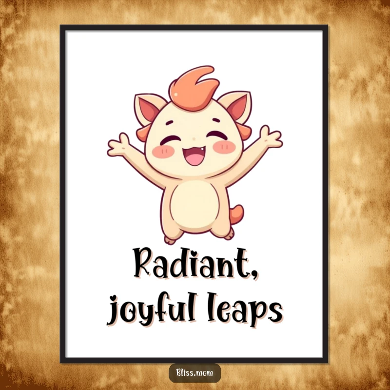 Funny digital art print of a creature joyfully jumping with a radiant, carefree expression, ready to download.