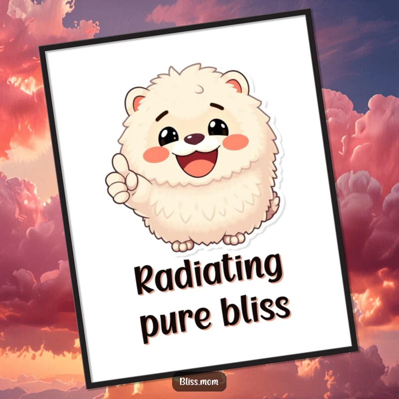 Funny digital art print of a happy, fluffy animal with a huge smile and a thumbs up, ready to download.