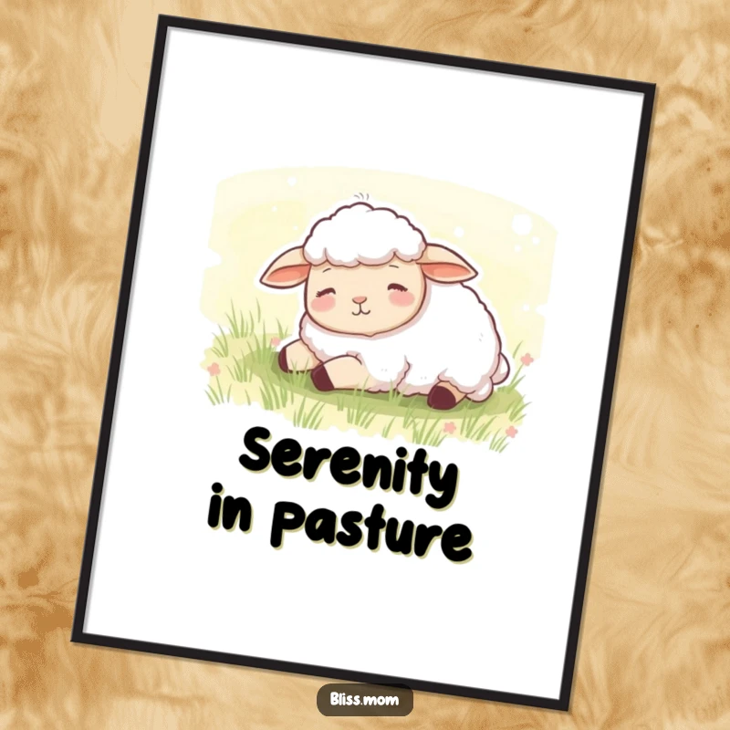 Funny digital art print of a content sheep dozing peacefully in a green meadow, ready for instant download and calm decor.