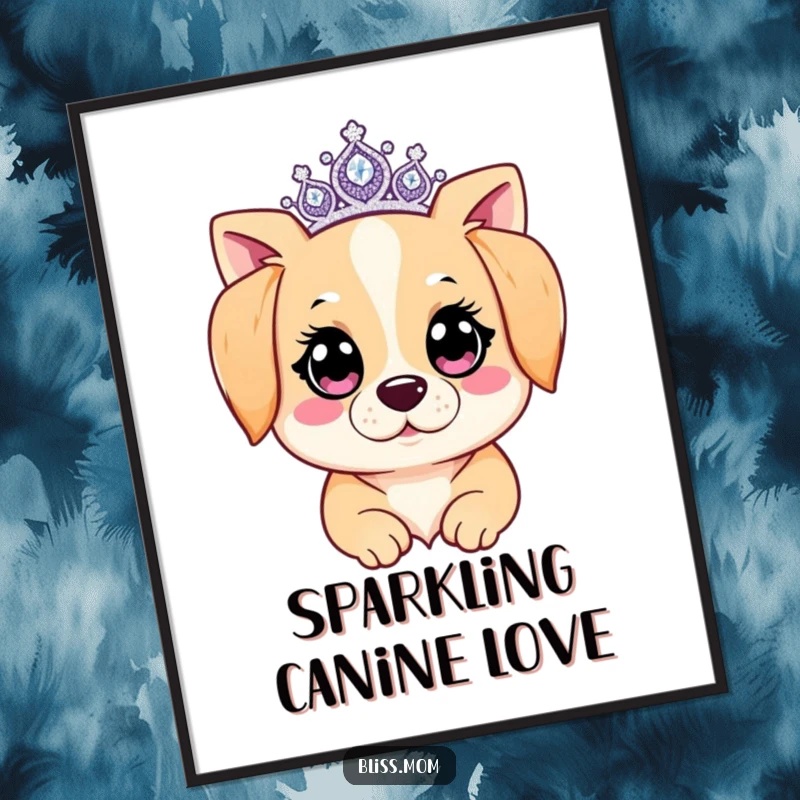 Funny Kawaii Dog Mom Digital Art: A dog mom shines with sparkling eyes and a tiara. High-resolution digital art capturing regal canine humor.