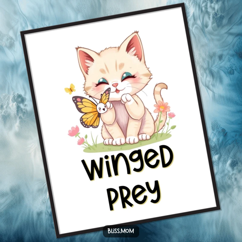 Funny kawaii kitten batting playfully at a colorful butterfly, presented as a downloadable digital art print for instant home decor.