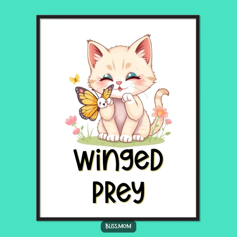 Digital Funny Kawaii Kitten Butterfly Art: Instant Playful Decor Gift