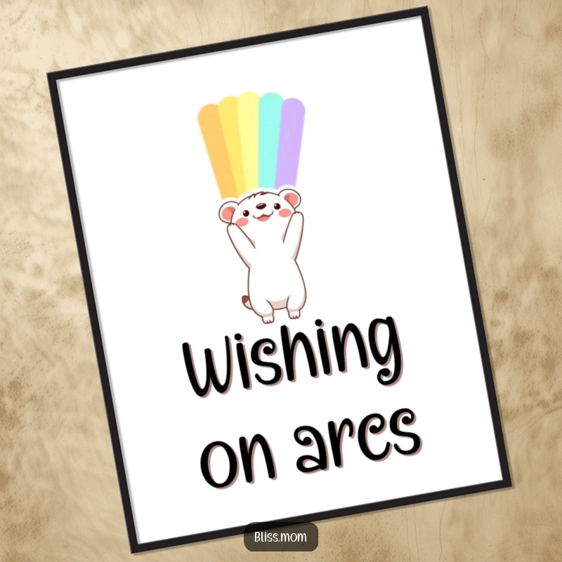 Funny animal digital art print reaching towards a vibrant rainbow, creating a hopeful and inspiring wall art piece.