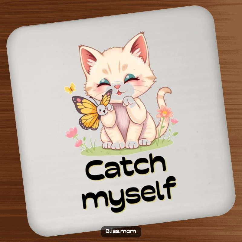 Funny kawaii kitten batting playfully at a butterfly, depicted on a set of drink coasters, adding cute protection.