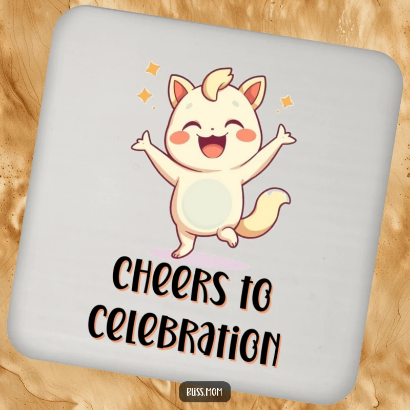 Funny drink coasters showcasing a creature mid-celebration dance, protecting tables with a humorous and artistic design.