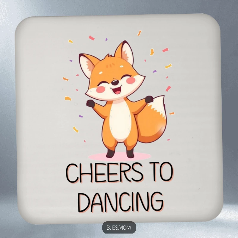 Funny drink coasters showcasing a cheerful fox in a celebratory dance pose, adorned with vibrant confetti, protecting surfaces with style.