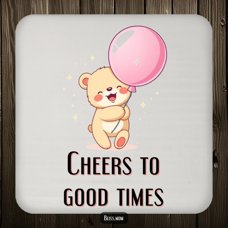 Funny drink coasters showcasing a bear cub hugging a giant, sparkly balloon, adding a touch of joy to any table.