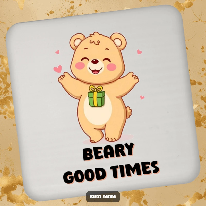 Funny drink coasters featuring a happy bear mom playfully dancing with a small gift, perfect for bear homes.