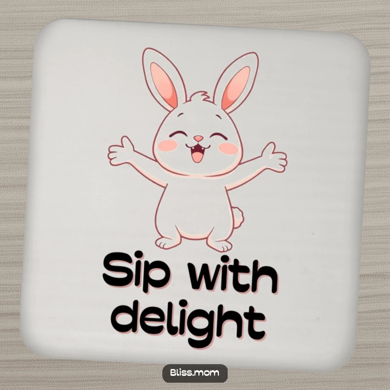 Funny drink coasters featuring a cute bunny with arms open wide, offering a delightful embrace and pure joy to protect surfaces.
