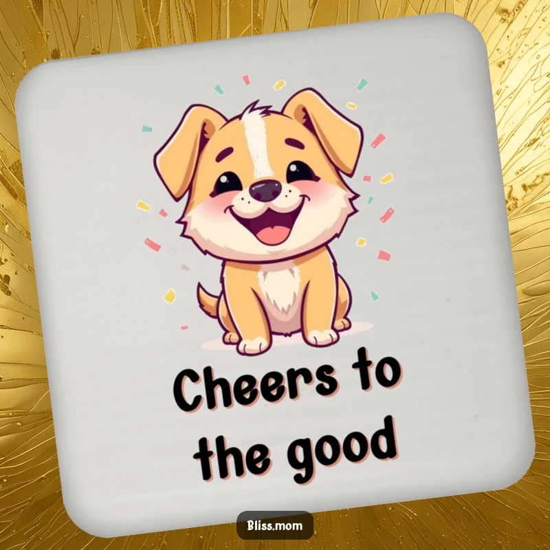 Funny coaster with a happy dog character with a beaming smile, surrounded by colorful confetti, protecting surfaces with festive canine humor.