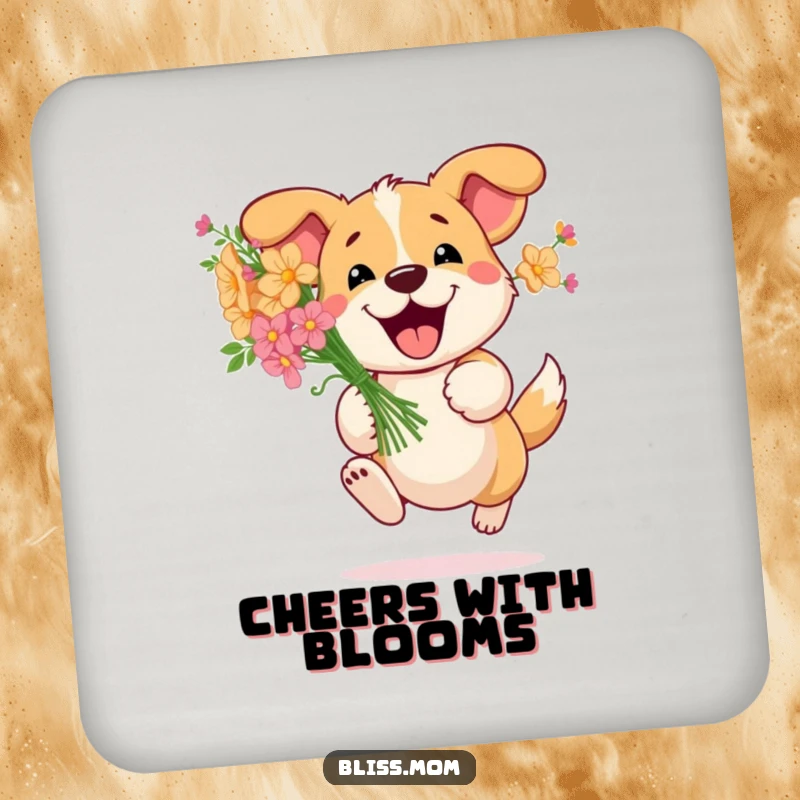 Funny Dog Flower Coaster: Happy dog bounds with a bouquet of flowers, protecting surfaces. A practical and funny decorative item.