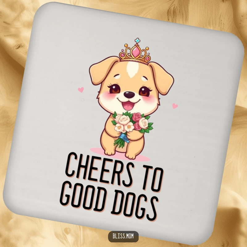 Funny drink coasters featuring a joyous dog mom with a sparkly tiara and bouquet, perfect for dog mom homes.