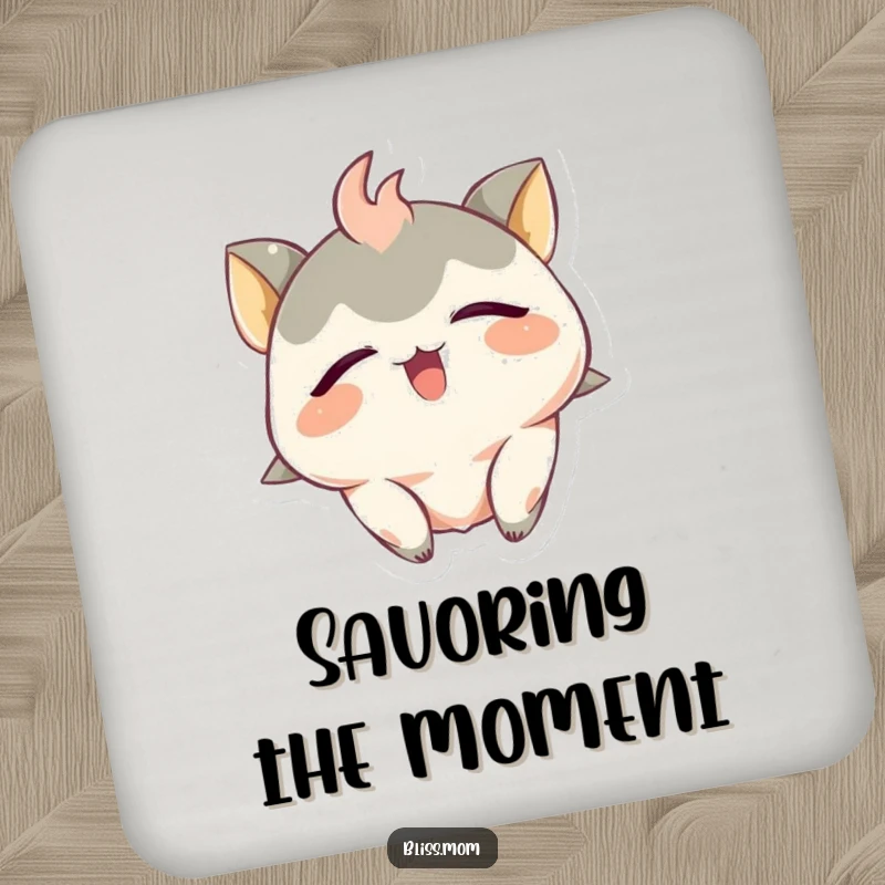 Funny Coaster: An ecstatic creature with closed eyes smiles blissfully, adding hilarious joy to drink protection.