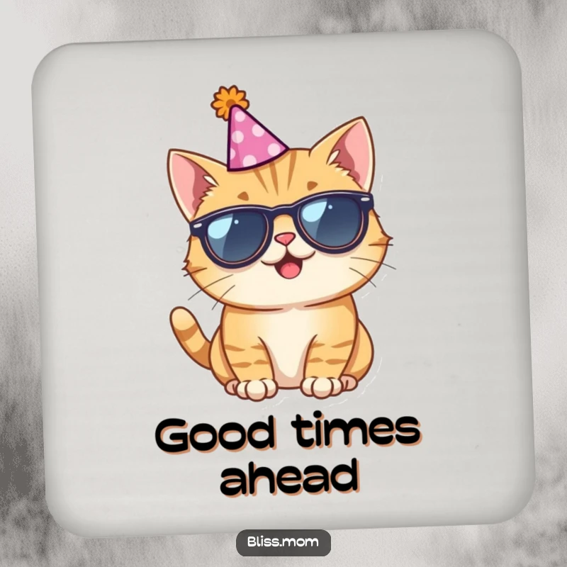 Funny drink coasters featuring a giggling cat in sunglasses and a party hat, protecting surfaces with humor.