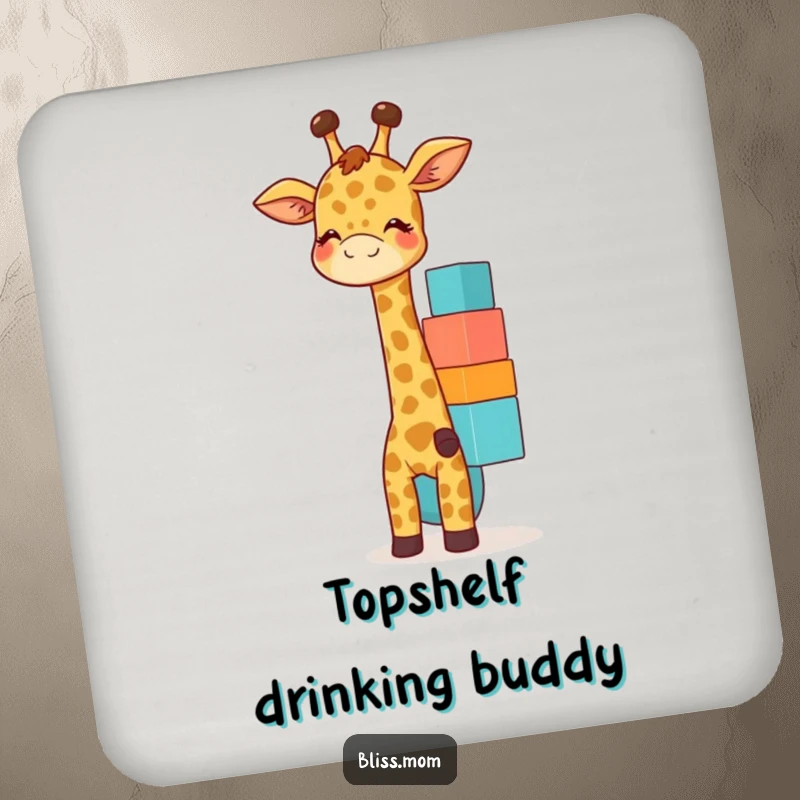 Funny giraffe mom coasters with a giggling mother giraffe balancing colorful blocks, adding playful flair.
