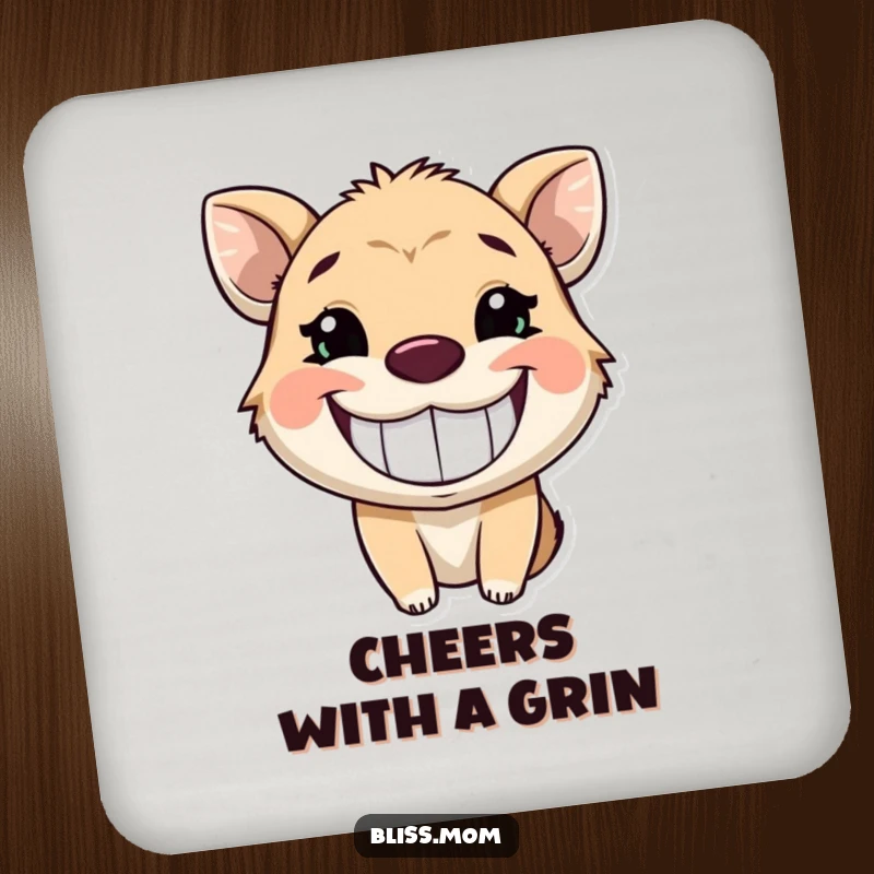 Funny drink coaster featuring an animal with a wide, infectious, glowing grin, protecting surfaces with cheerful joy.