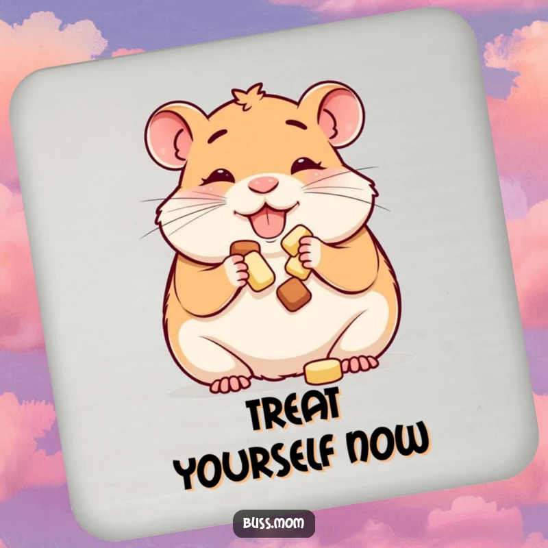 Funny coasters: a happy hamster mom happily stuffing her cheeks with treats, protecting surfaces with adorable, humorous flair.