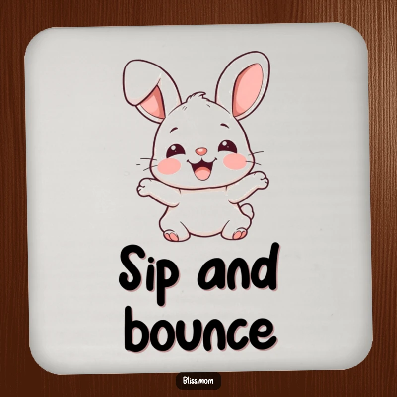 Funny joyful kawaii bunny with floppy ears bouncing excitedly, cute rabbit coasters protecting surfaces, perfect funny gift.