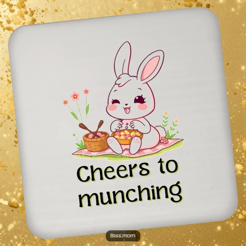 Funny Kawaii Bunny Mom Coaster: A bunny mom smiles radiantly at a picnic. Protects surfaces with adorable humor and bunny style.