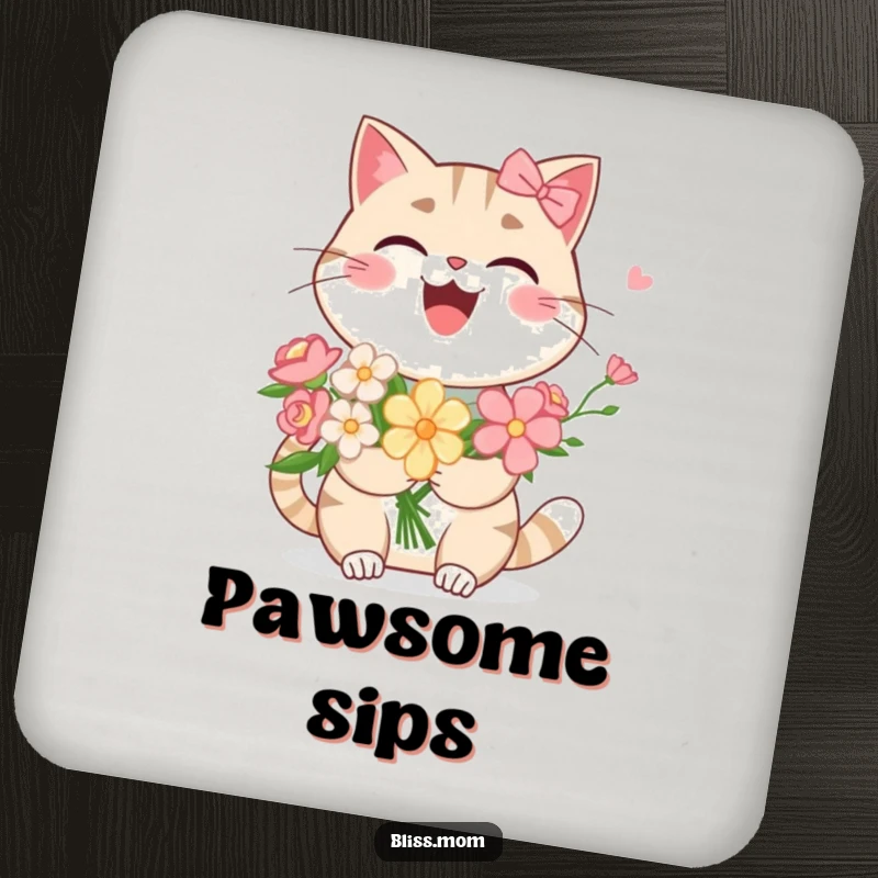 Funny Kawaii Cat Mom Coaster: A laughing cat mom with flowers. Protects surfaces with humorous feline style and vibrant charm.