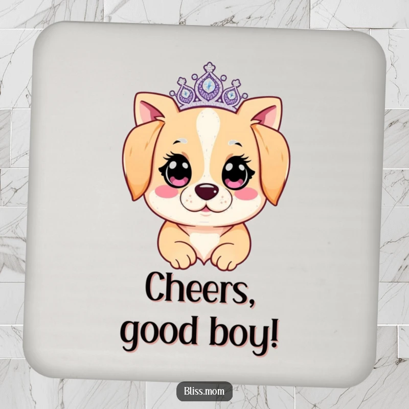Funny Kawaii Dog Mom Coaster: A dog mom sparkles with a tiara. Protects surfaces with regal humor and canine charm.