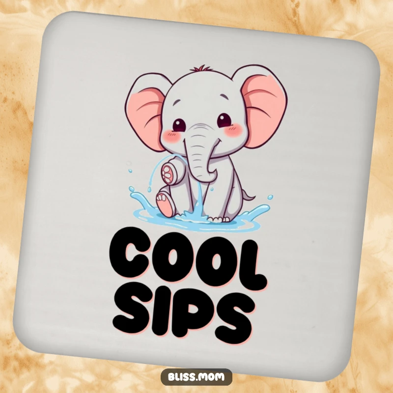Funny happy kawaii elephant spraying water with delight, depicted on a set of drink coasters, adding cute protection.