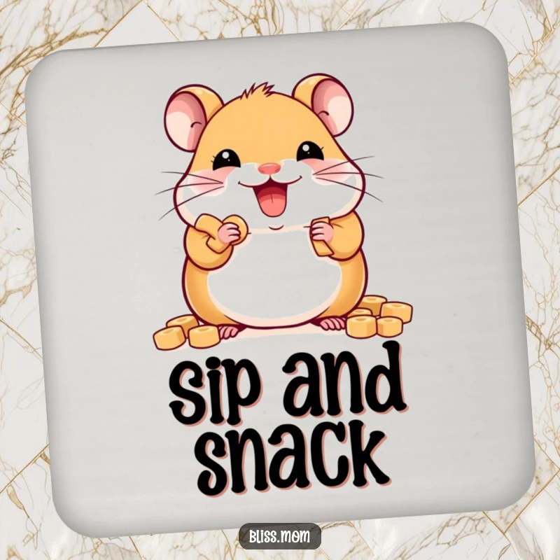 Funny delighted kawaii hamster stuffing cheeks with treats, cute rodent coasters protecting surfaces, perfect funny gift.