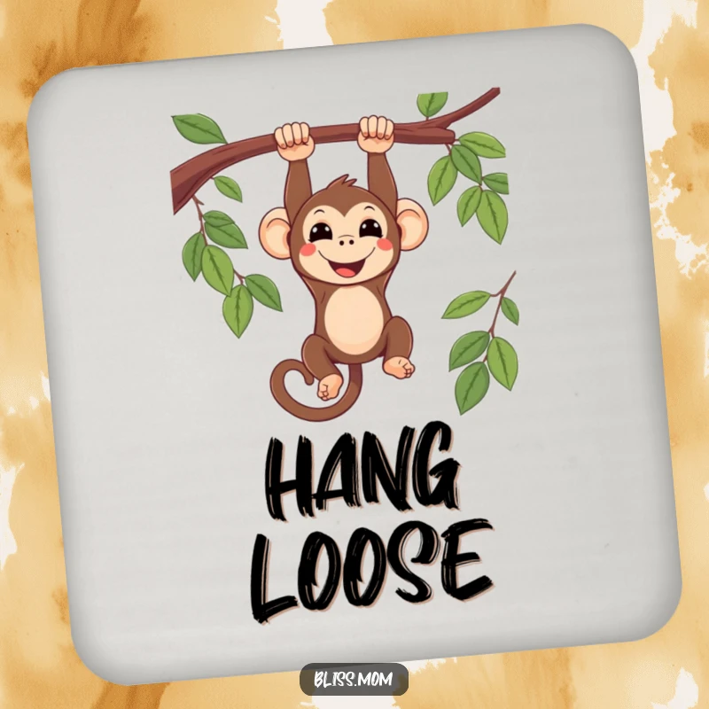 Funny smiling kawaii monkey hanging upside down from a branch, depicted on a set of drink coasters, adding cute protection.