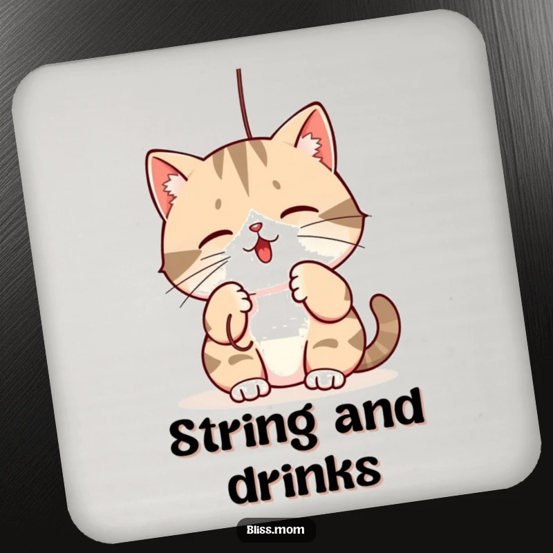 Funny coasters: a kawaii mama cat playfully batting at a dangling string, protecting surfaces with adorable feline humor.