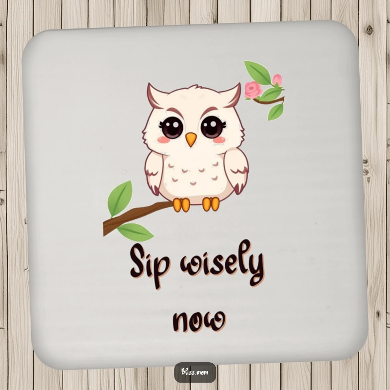Funny Mama Owl Coasters, depicting a beaming owl with a twinkle, adding wise protection and whimsical charm. A cute gift.