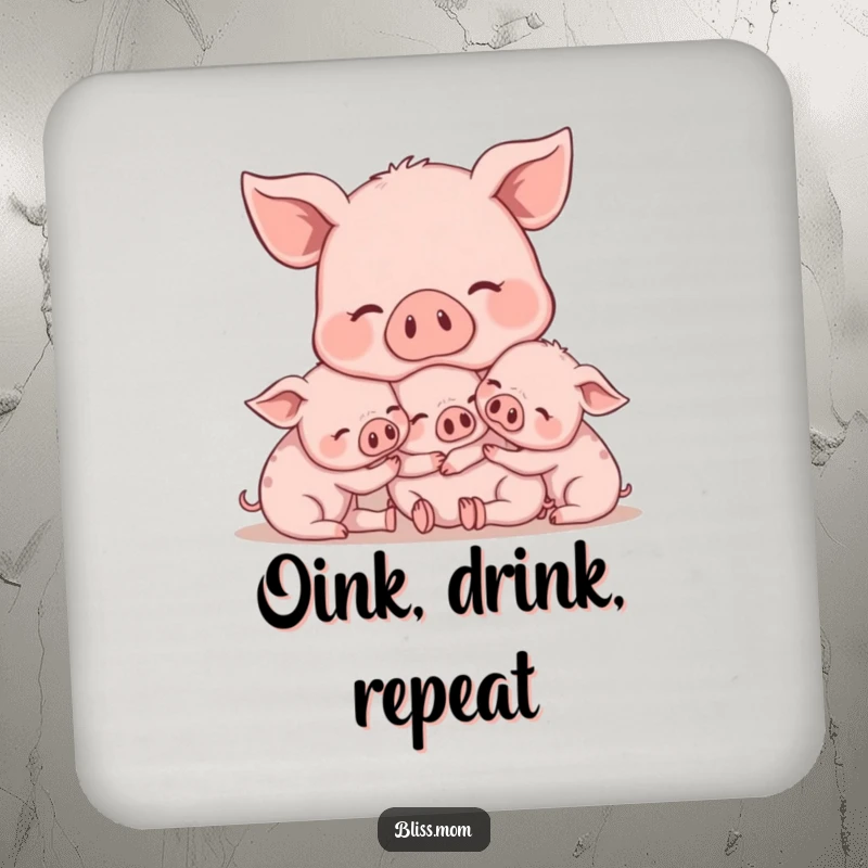 Funny Mama Pig Coasters, depicting a content mama pig snuggling piglets, adding farmhouse charm and protection. A cute gift.