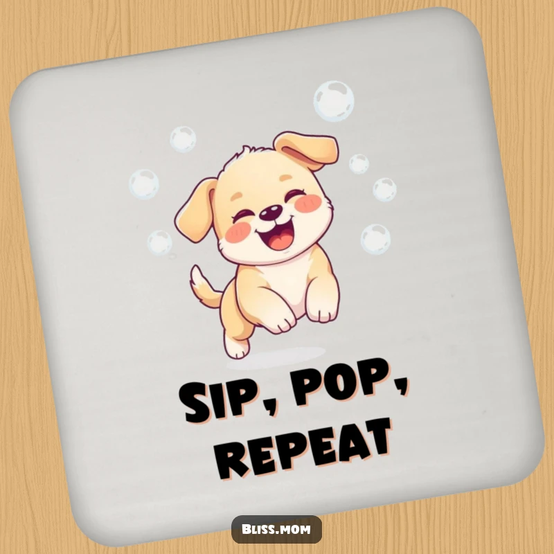 Funny coaster featuring a kawaii puppy joyfully chasing bubbles, ideal for drink protection.