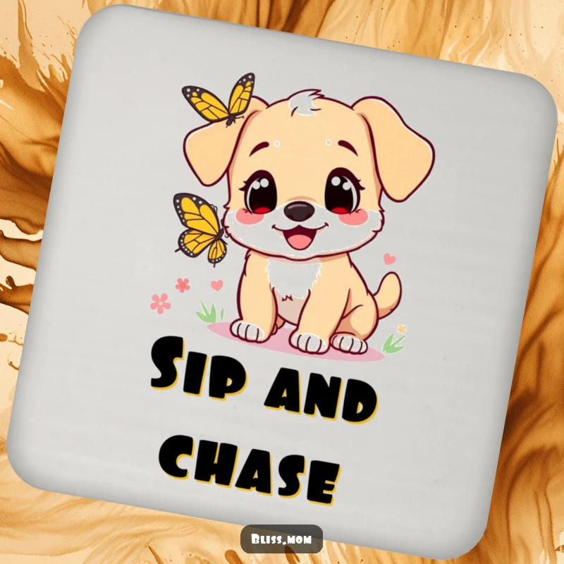 Funny coasters: cute puppy mom with heart eyes joyfully chasing a butterfly, protecting surfaces with humor and love.