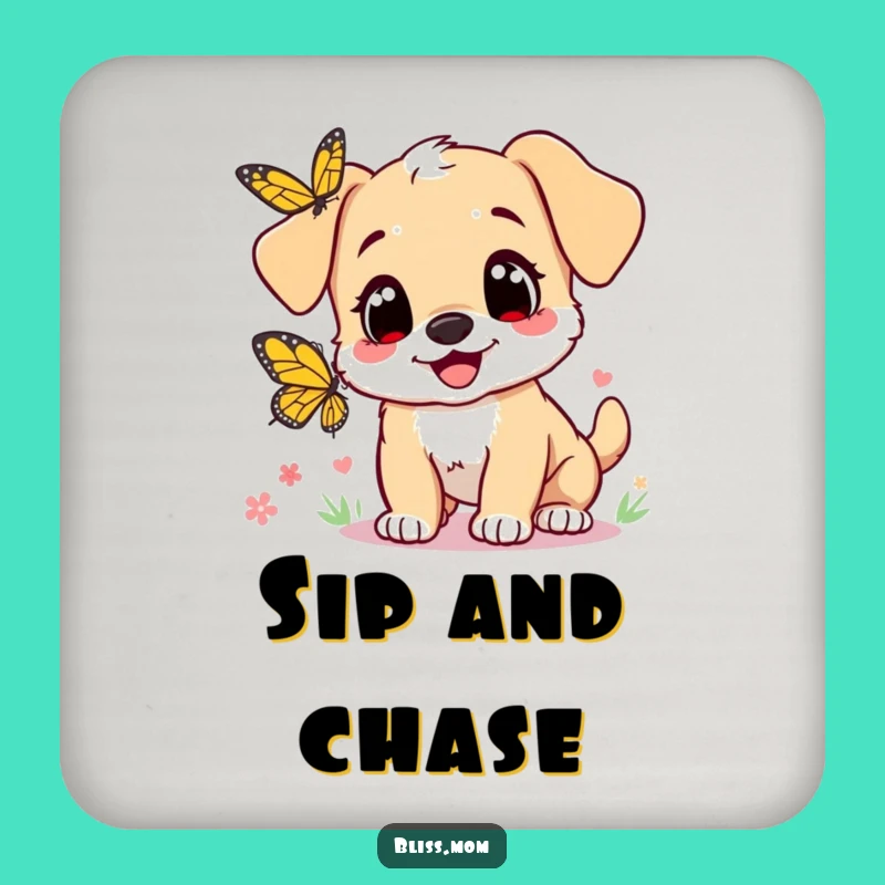 Funny Puppy Mom Coasters: Heart Eyes Butterfly Chase - Protect Surfaces Gift