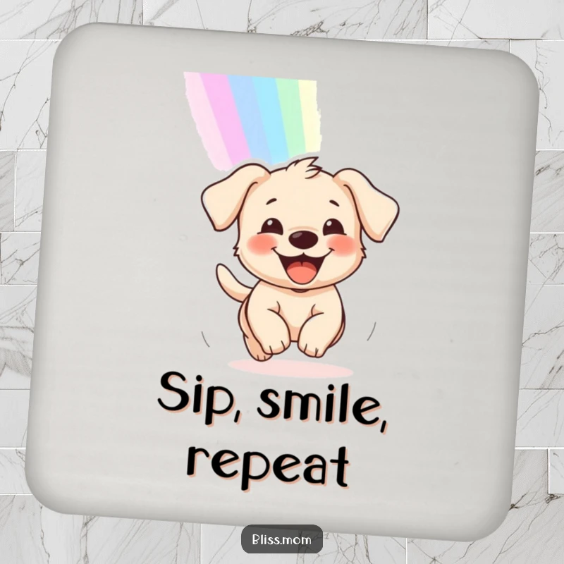 Funny drink coasters of a delighted puppy with a wide grin, chasing a rainbow, adding charm to any surface.