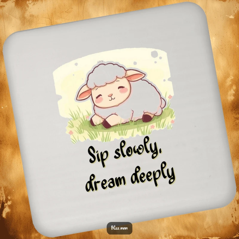 Funny drink coaster with a content sheep dozing peacefully in a green meadow, protecting surfaces serenely.
