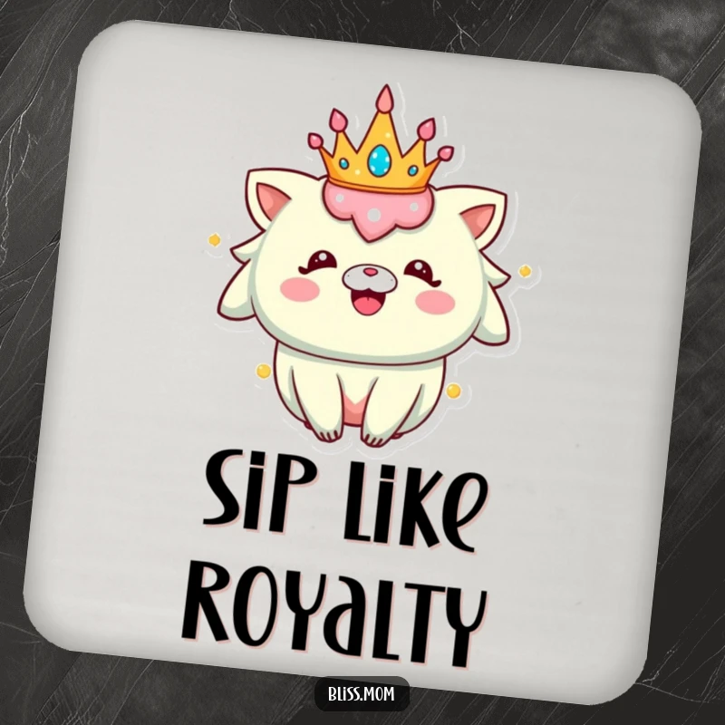 Funny Coaster: A happy creature wearing a sparkly crown protects surfaces with royal charm and radiating delight.