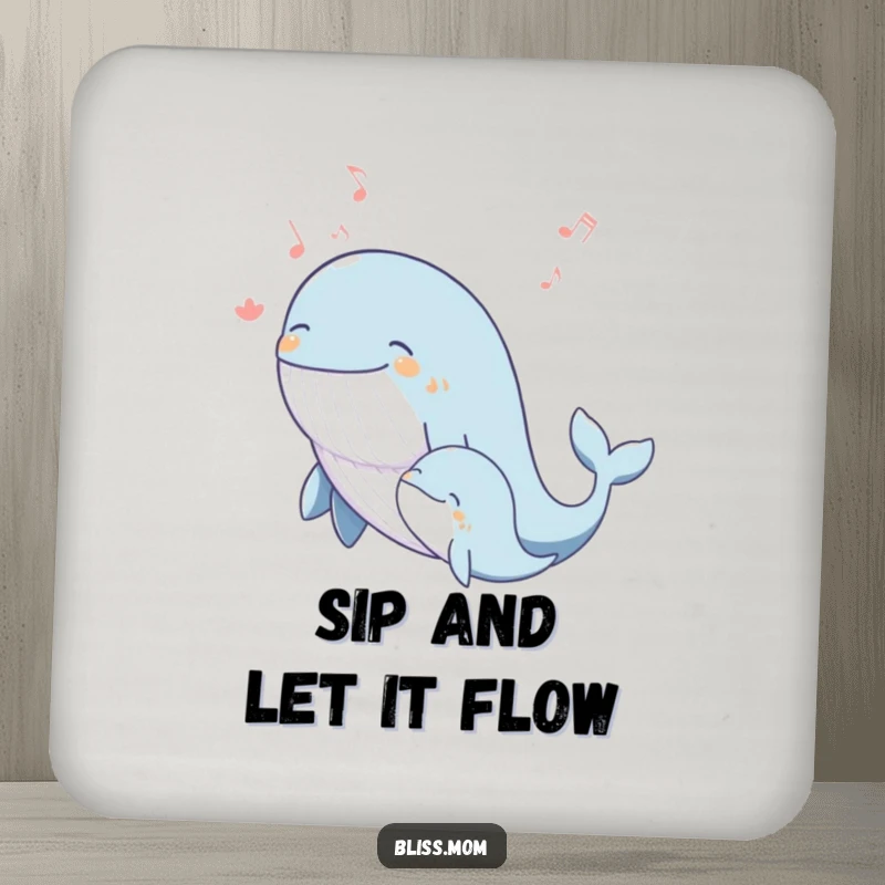 Funny whale mom coasters with a blissful mother whale singing a joyous melody with her calf, adding charm.