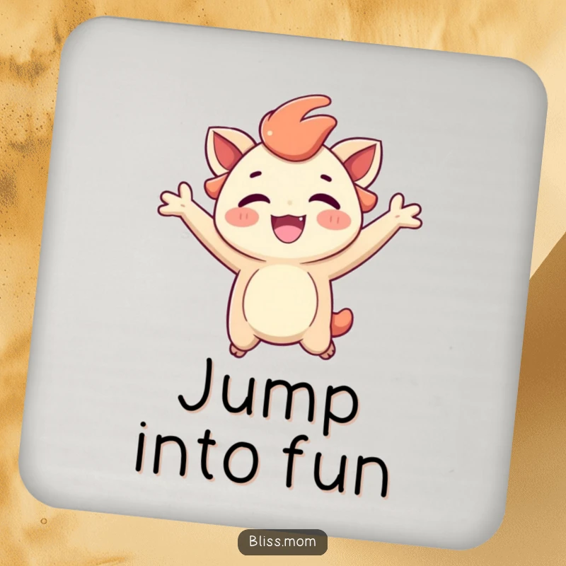 Funny drink coasters featuring a creature joyfully jumping with a radiant, carefree expression, perfect for tabletops.