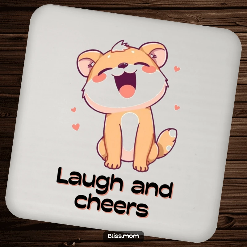 Funny drink coaster showing an animal in the throes of laughter, head tilted back, protecting surfaces with a humorous flourish.