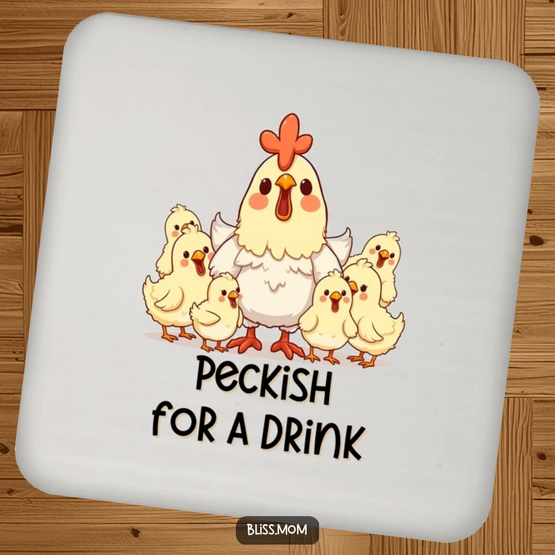 Funny hen mom coasters with a delighted mother hen surrounded by clucking, happy chicks, adding charm.