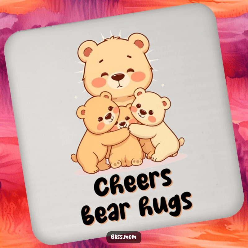 A set of coasters featuring a radiating mama bear hugging her cubs, offering warm protection and symbolizing maternal love for tabletops.