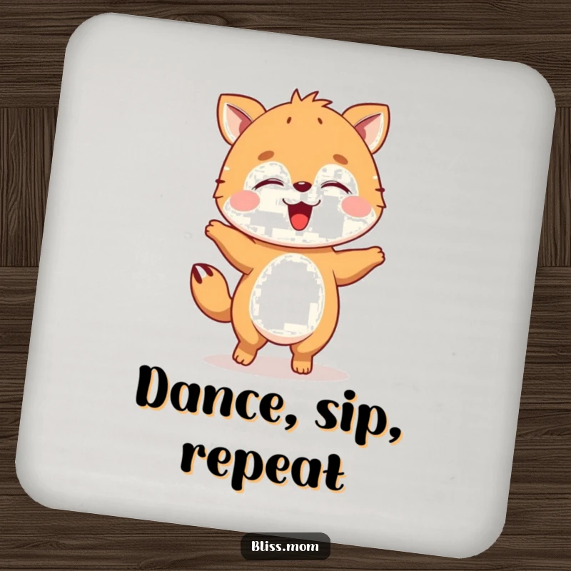 Funny animal coasters doing a happy dance with closed eyes, perfect for protecting surfaces with a joyful touch.