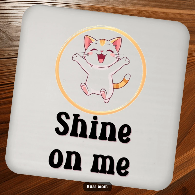 Funny cat coaster featuring a playful cat jumping through a hoop of light, adding a whimsical and protective element to your table.