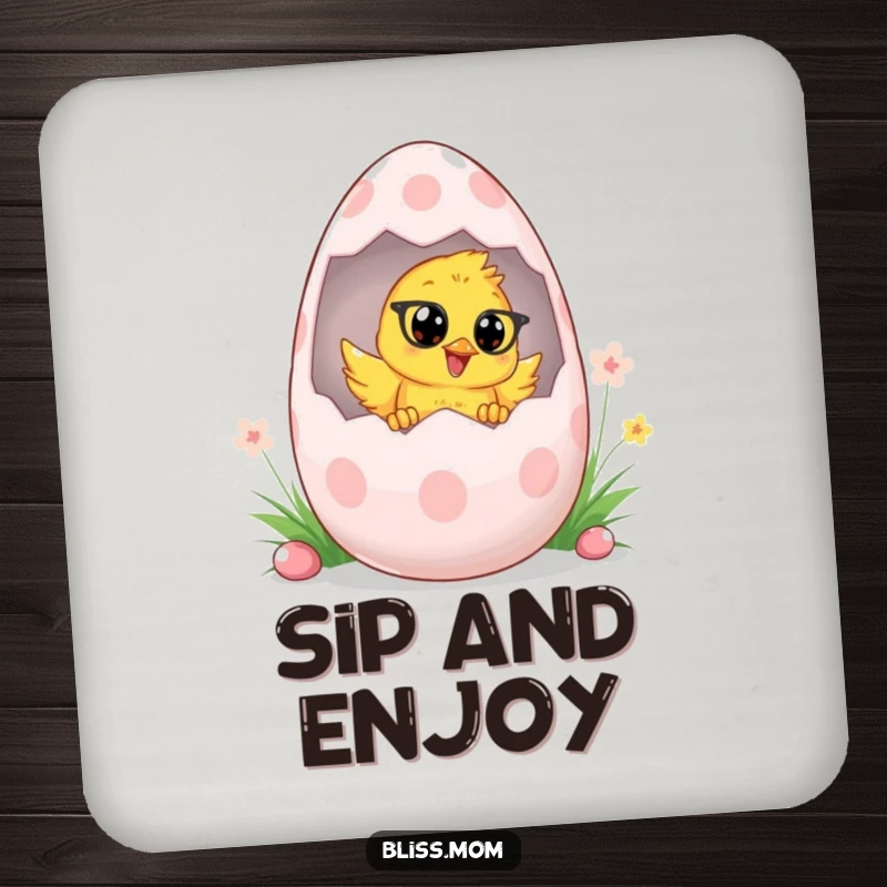 Funny Chick Mom Easter Coasters, depicting a chick mom peeking from an egg, adding playful protection and Easter charm. A cute gift.
