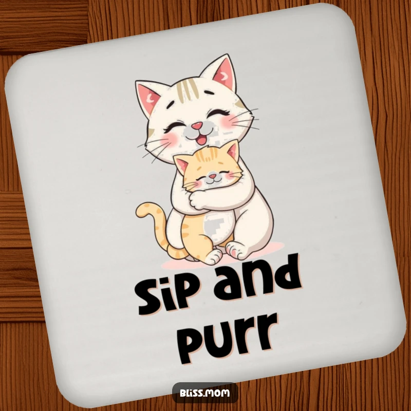 Funny drink coasters featuring a smiling cat mom getting a giant hug from her kitten, perfect for cat homes.