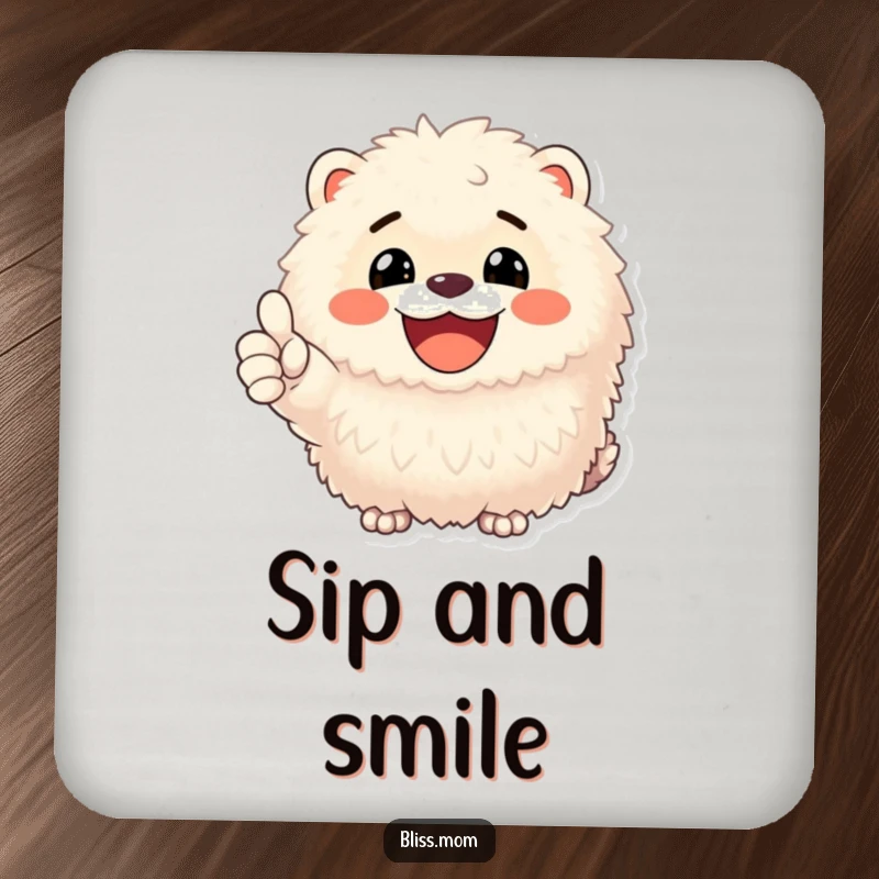 Funny drink coasters featuring a fluffy animal with a radiant smile and a positive thumbs up, adding cheer.