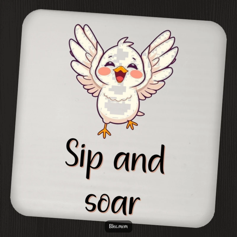 Funny laughing kawaii bird with wings spread wide in flight, cute bird coasters protecting surfaces, perfect funny gift.
