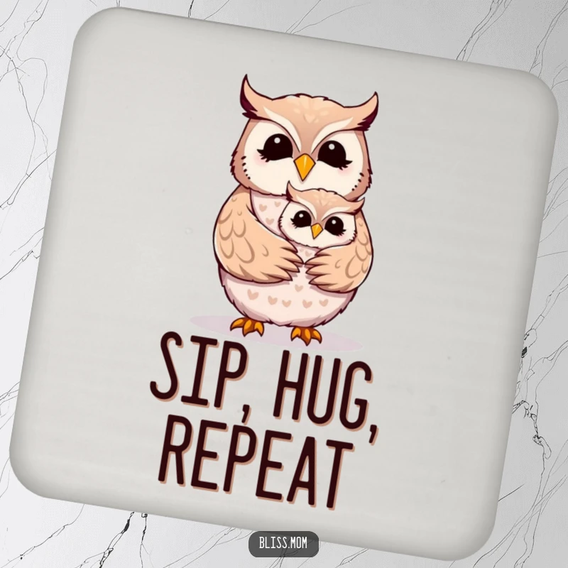 Funny Mother Owl coaster showing a mom owl receiving a tender hug from its owlet.